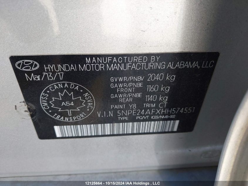 2017 Hyundai Sonata Gl VIN: 5NPE24AFXHH574551 Lot: 12125664