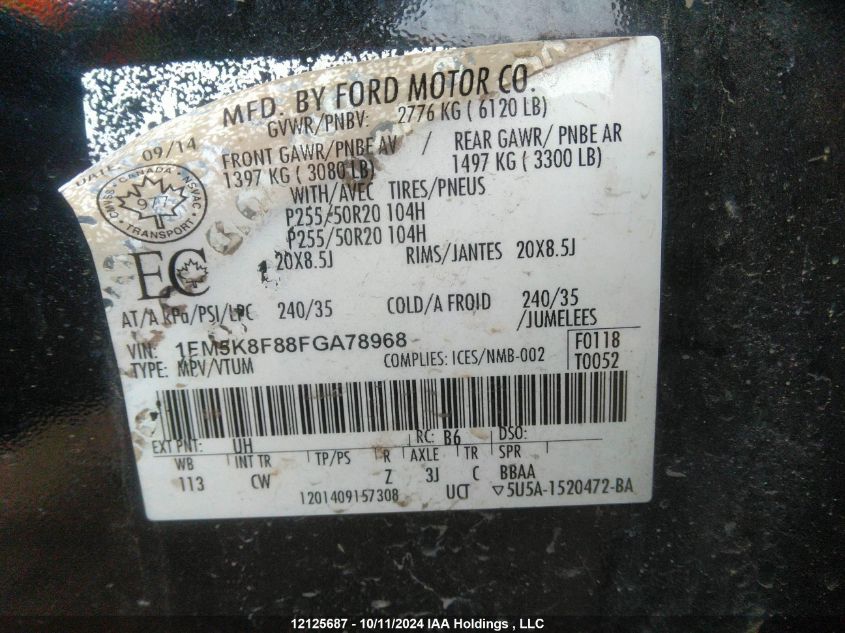 2015 Ford Explorer Limited VIN: 1FM5K8F88FGA78968 Lot: 12125687