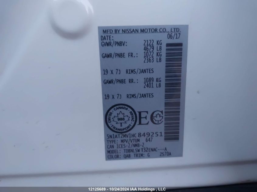 2017 Nissan Rogue VIN: 5N1AT2MV1HC849251 Lot: 12125689