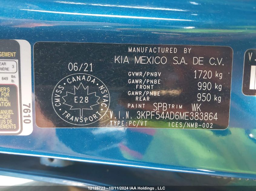 2021 Kia Forte VIN: 3KPF54AD6ME383864 Lot: 12125723