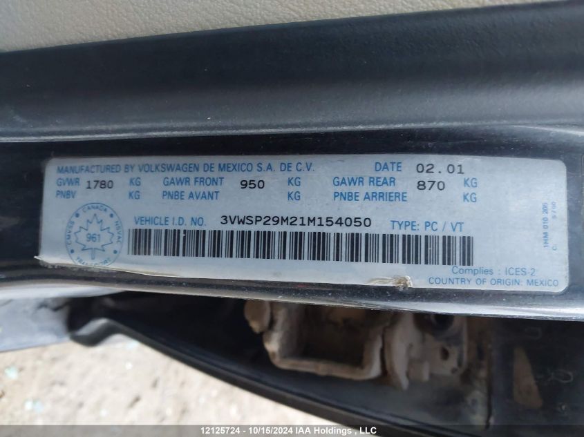 2001 Volkswagen Jetta VIN: 3VWSP29M21M154050 Lot: 12125724