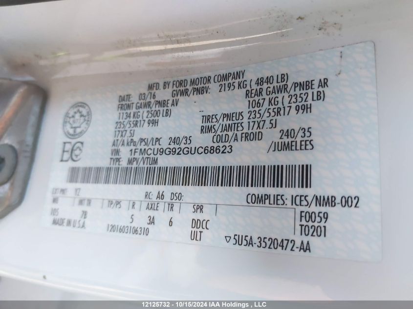 2016 Ford Escape Se VIN: 1FMCU9G92GUC68623 Lot: 12125732