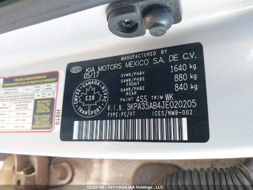 2018 Kia Rio 5-Door VIN: 3KPA35AB4JE020205 Lot: 12125769