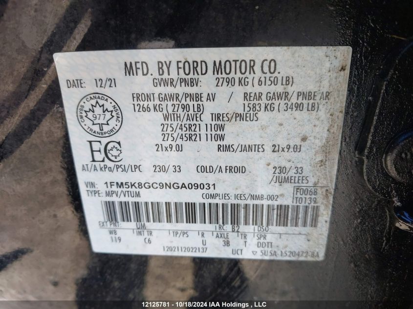 2022 Ford Explorer VIN: 1FM5K8GC9NGA09031 Lot: 12125781