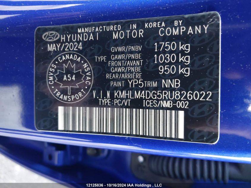 2024 Hyundai Elantra Sel VIN: KMHLM4DG5RU826022 Lot: 12125836