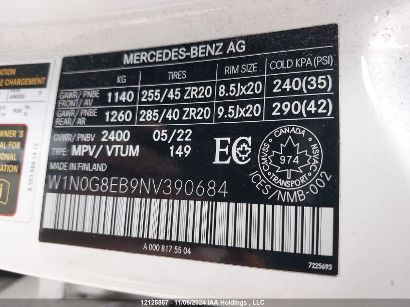 2022 Mercedes-Benz 300 VIN: W1N0G8EB9NV390684 Lot: 12125857