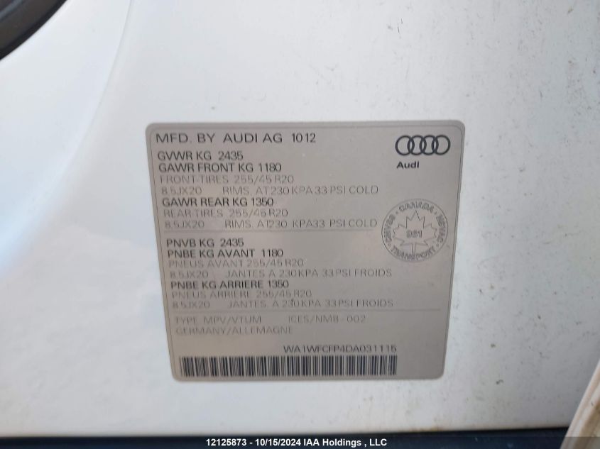 2013 Audi Q5 VIN: WA1WFCFP4DA031115 Lot: 12125873