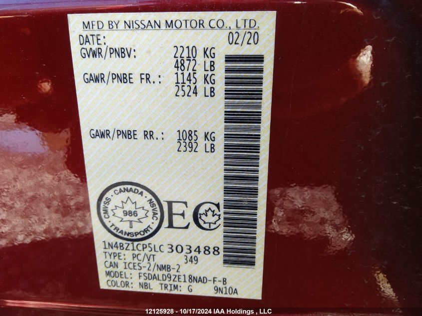 2020 Nissan Leaf VIN: 1N4BZ1CP5LC303488 Lot: 12125928