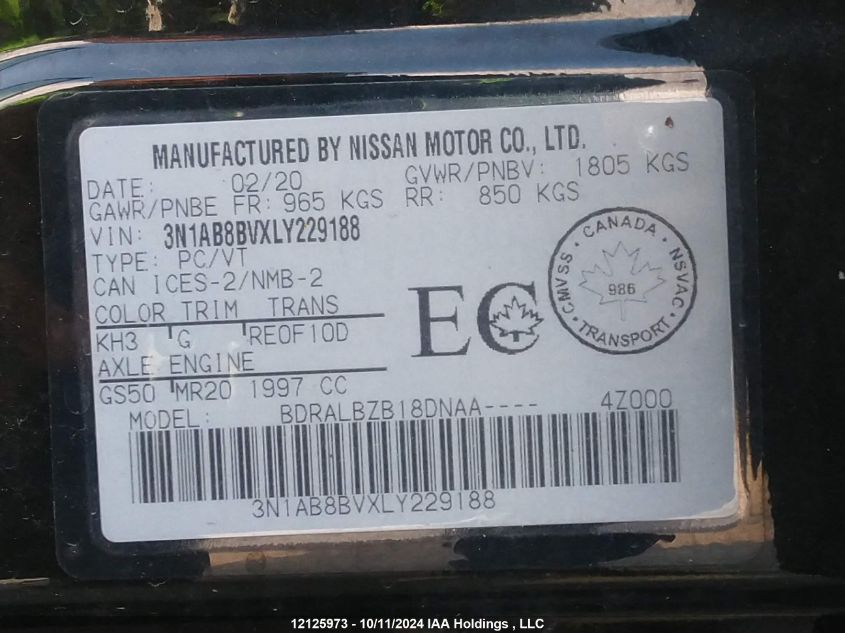 2020 Nissan Sentra VIN: 3N1AB8BVXLY229188 Lot: 12125973