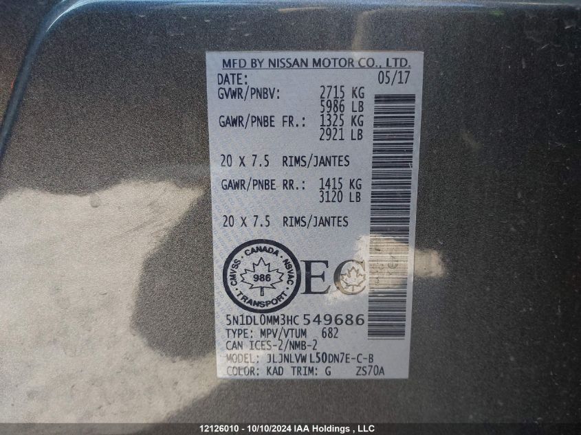 2017 Infiniti Qx60 VIN: 5N1DL0MM3HC549686 Lot: 12126010