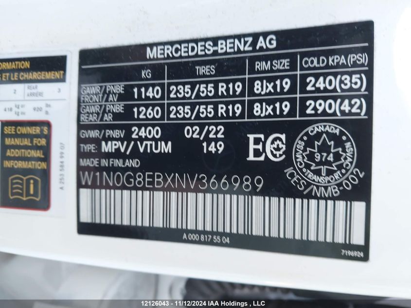 2022 Mercedes-Benz Glc VIN: W1N0G8EBXNV366989 Lot: 12126043