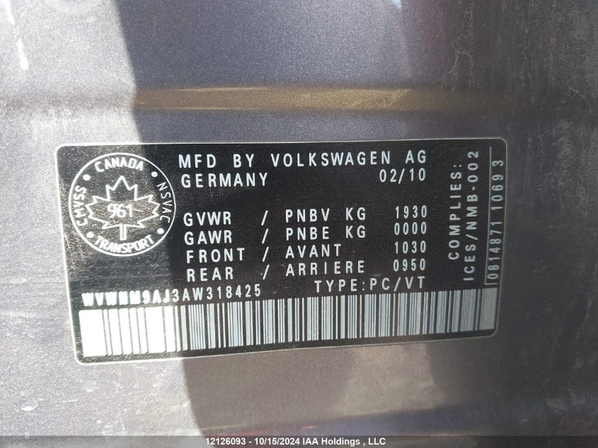 2010 Volkswagen Golf VIN: WVWNM9AJ3AW318425 Lot: 12126093