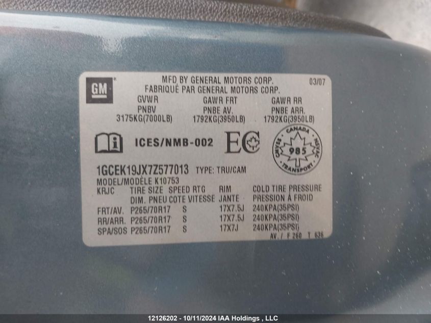 2007 Chevrolet Silverado K1500 VIN: 1GCEK19JX7Z577013 Lot: 12126202