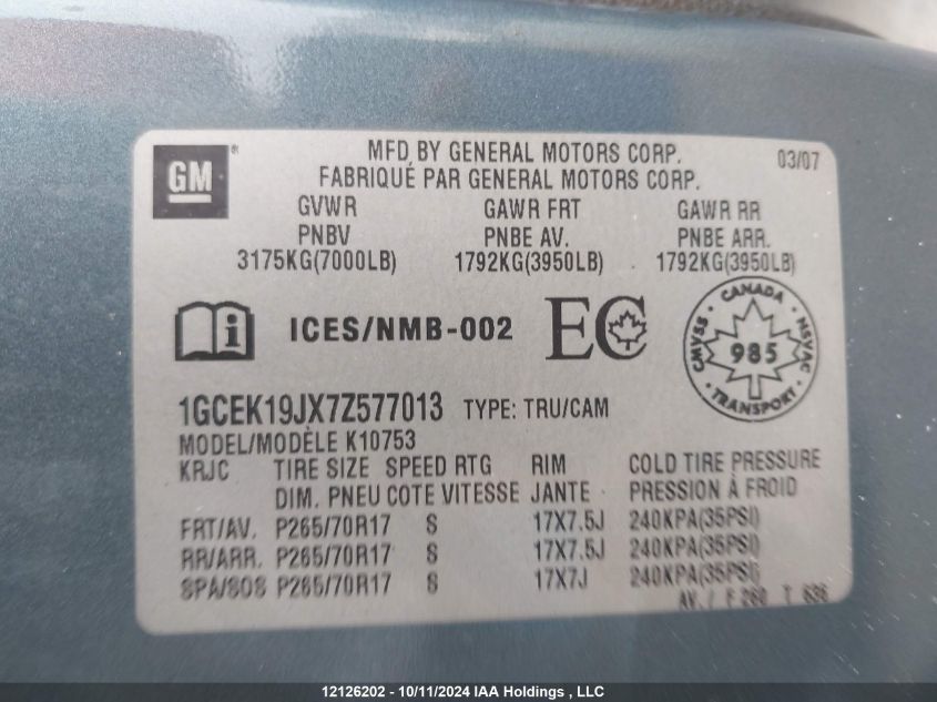 2007 Chevrolet Silverado K1500 VIN: 1GCEK19JX7Z577013 Lot: 12126202