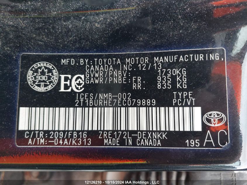 2014 Toyota Corolla VIN: 2T1BURHE7EC079889 Lot: 12126210