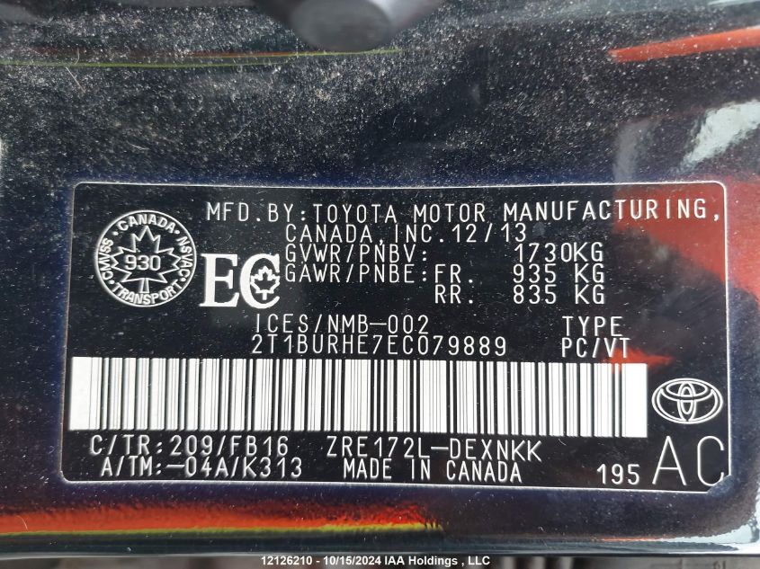 2014 Toyota Corolla VIN: 2T1BURHE7EC079889 Lot: 12126210