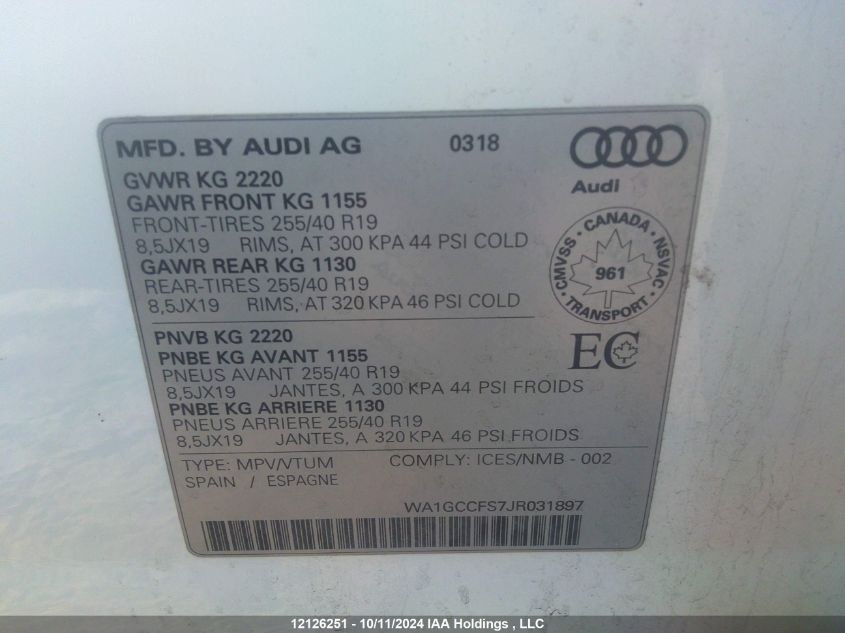 2018 Audi Q3 VIN: WA1GCCFS7JR031897 Lot: 12126251