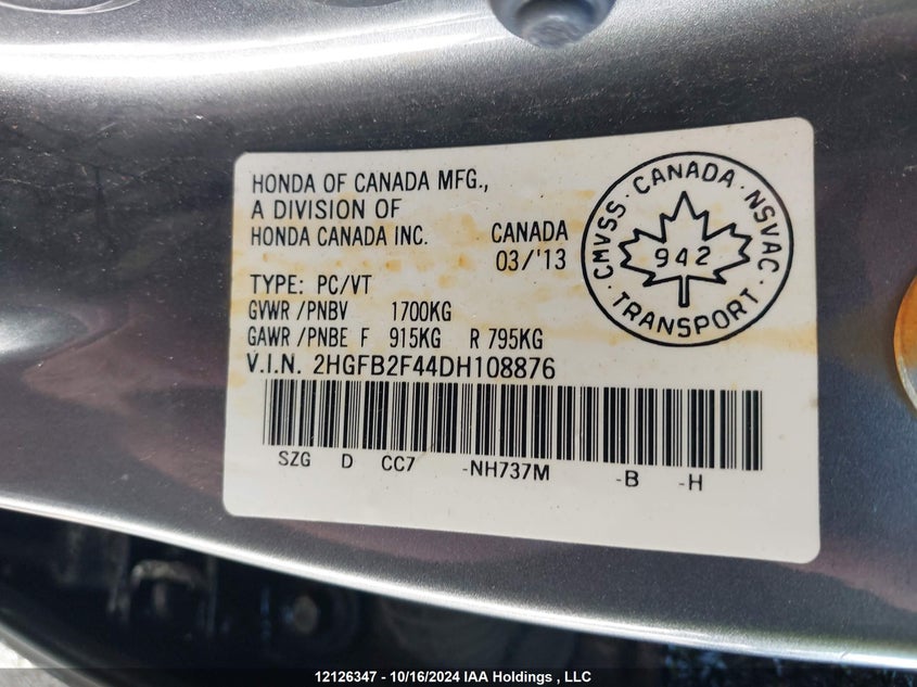 2013 Honda Civic Sdn VIN: 2HGFB2F44DH108876 Lot: 12126347