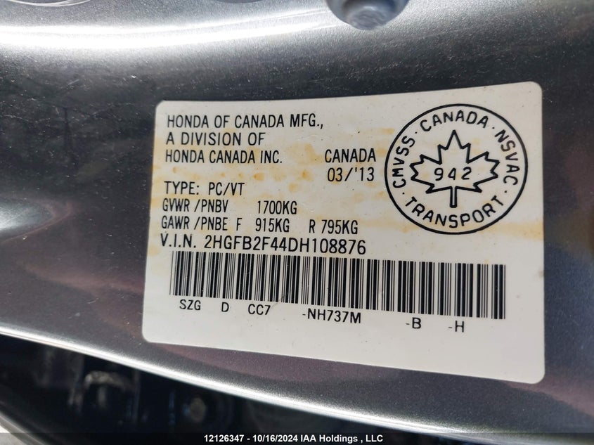 2013 Honda Civic Sdn VIN: 2HGFB2F44DH108876 Lot: 12126347