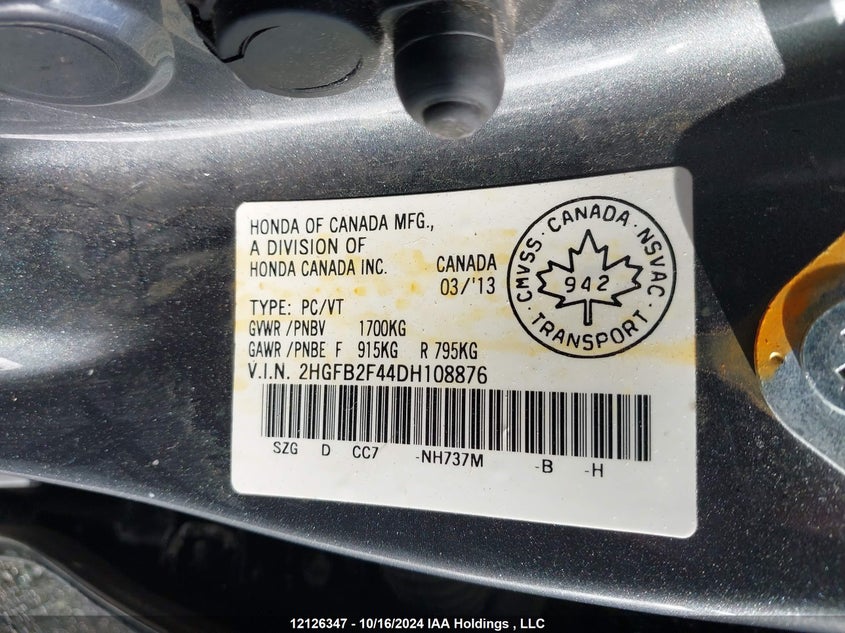 2013 Honda Civic Sdn VIN: 2HGFB2F44DH108876 Lot: 12126347