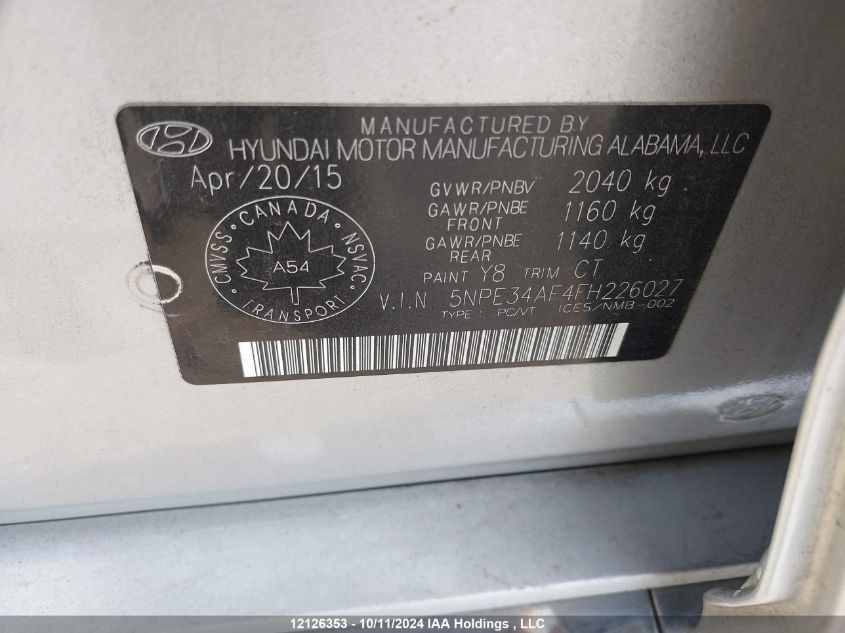 2015 Hyundai Sonata Sport/Limited VIN: 5NPE34AF4FH226027 Lot: 12126353