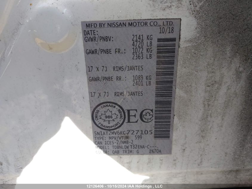 2019 Nissan Rogue VIN: 5N1AT2MV6KC727105 Lot: 12126406