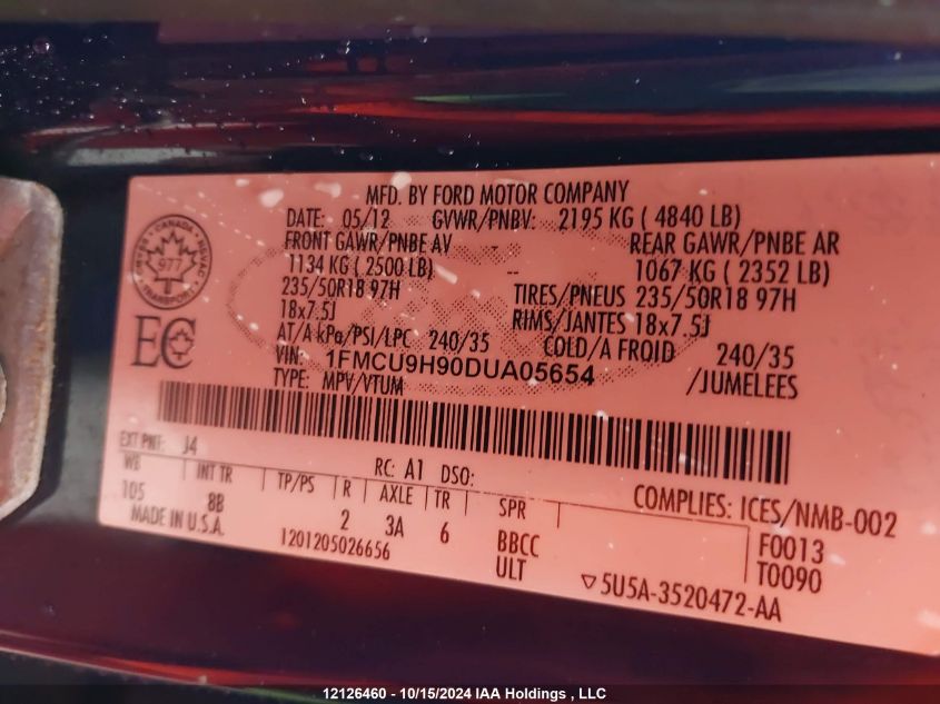 2013 Ford Escape Sel VIN: 1FMCU9H90DUA05654 Lot: 12126460