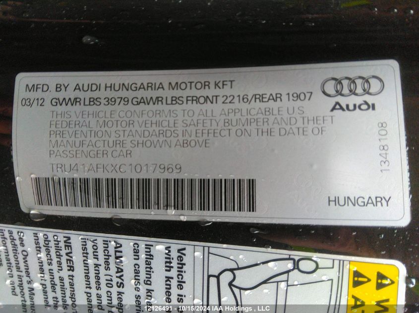 2012 Audi Tts Prestige VIN: TRU41AFKXC1017969 Lot: 12126491