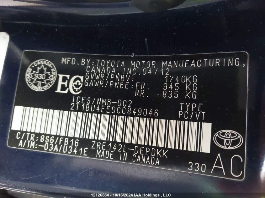 2012 Toyota Corolla VIN: 2T1BU4EE0CC849046 Lot: 12126584