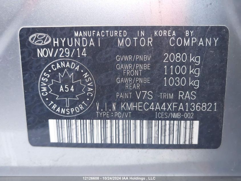 2015 Hyundai Sonata Hybrid Limited VIN: KMHEC4A4XFA136821 Lot: 12126608