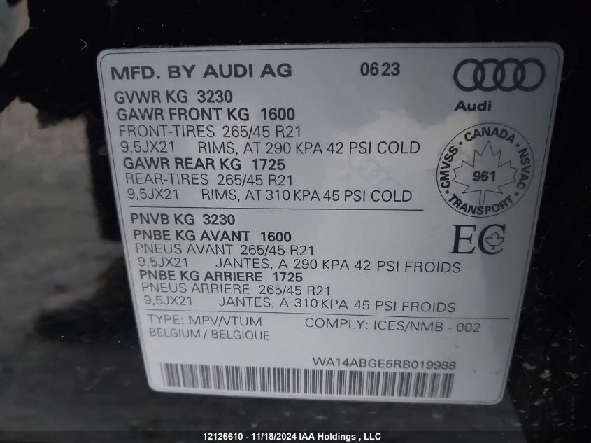 2024 Audi Q8 E-Tron VIN: WA14ABGE5RB019988 Lot: 12126610