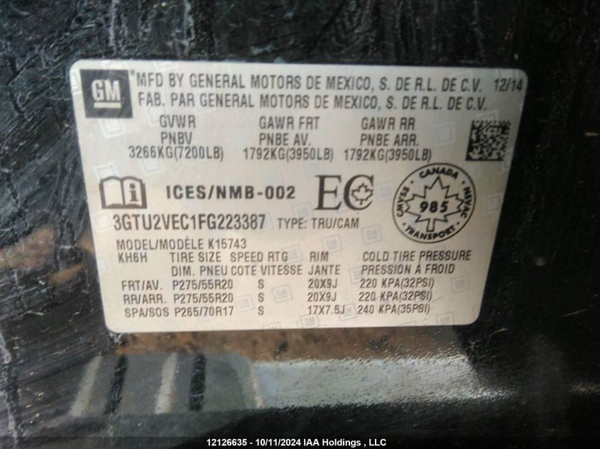 2015 GMC Sierra 1500 VIN: 3GTU2VEC1FG223387 Lot: 12126635