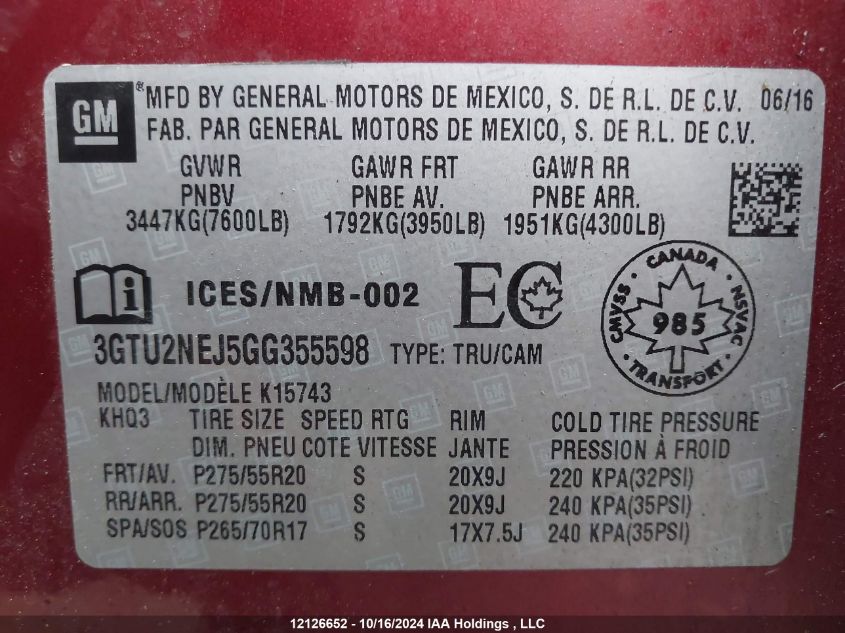 2016 GMC Sierra 1500 VIN: 3GTU2NEJ5GG355598 Lot: 12126652