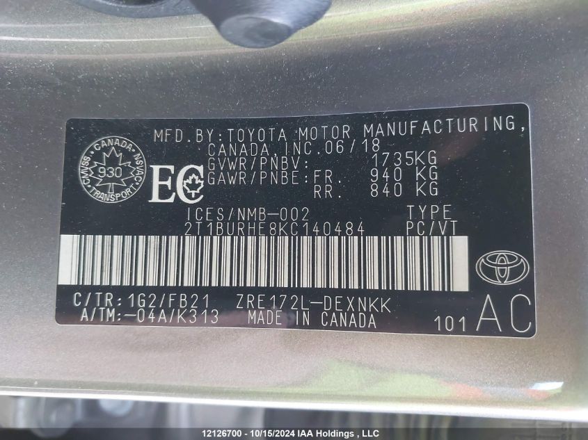 2019 Toyota Corolla L/Le/Xle/Se/Xse VIN: 2T1BURHE8KC140484 Lot: 12126700