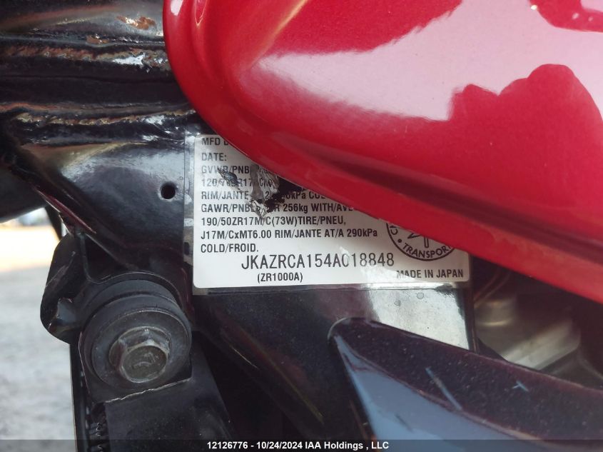 2004 Kawasaki Zr1000 A1 VIN: JKAZRCA154A018848 Lot: 12126776