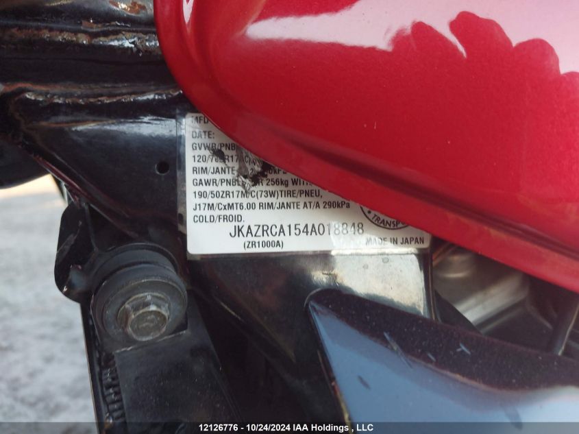 2004 Kawasaki Zr1000 A1 VIN: JKAZRCA154A018848 Lot: 12126776