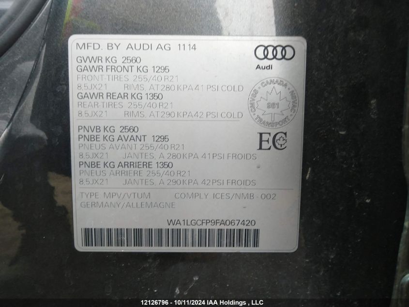 2015 Audi Q5 Premium Plus VIN: WA1LGCFP9FA067420 Lot: 12126796