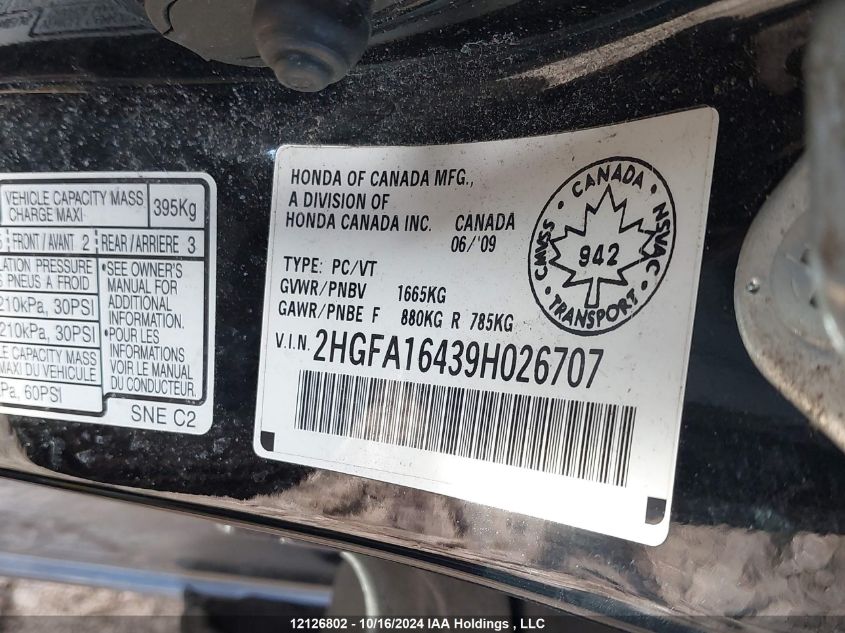 2009 Honda Civic Sdn VIN: 2HGFA16439H026707 Lot: 12126802