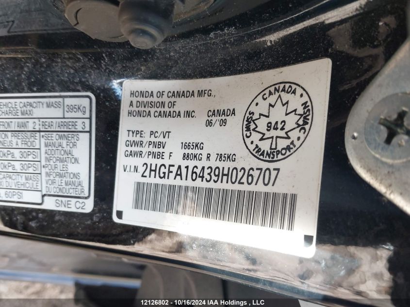 2009 Honda Civic Sdn VIN: 2HGFA16439H026707 Lot: 12126802