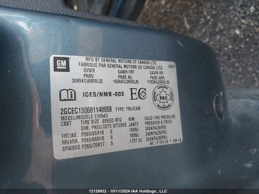 2008 Chevrolet Silverado 1500 VIN: 2GCEC130681148958 Lot: 12126932