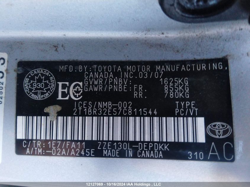 2007 Toyota Corolla VIN: 2T1BR32E57C811544 Lot: 12127069