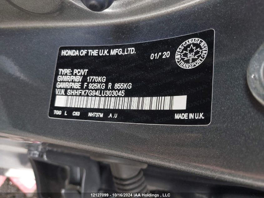 2020 Honda Civic Hatchback VIN: SHHFK7G94LU303045 Lot: 12127099