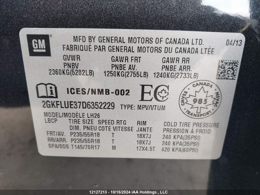 2013 GMC Terrain VIN: 2GKFLUE37D6352229 Lot: 12127213