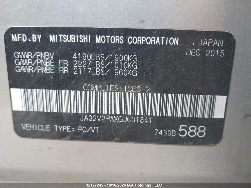 2016 Mitsubishi Lancer VIN: JA32V2FWXGU601841 Lot: 12127245