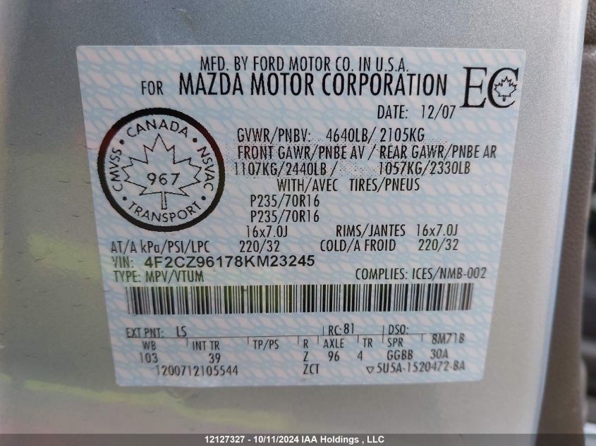 2008 Mazda Tribute S VIN: 4F2CZ96178KM23245 Lot: 12127327