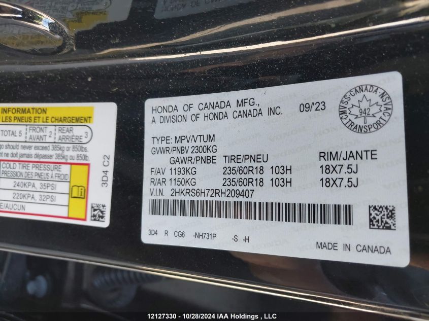 2024 Honda Cr-V Hybrid VIN: 2HKRS6H72RH209407 Lot: 12127330