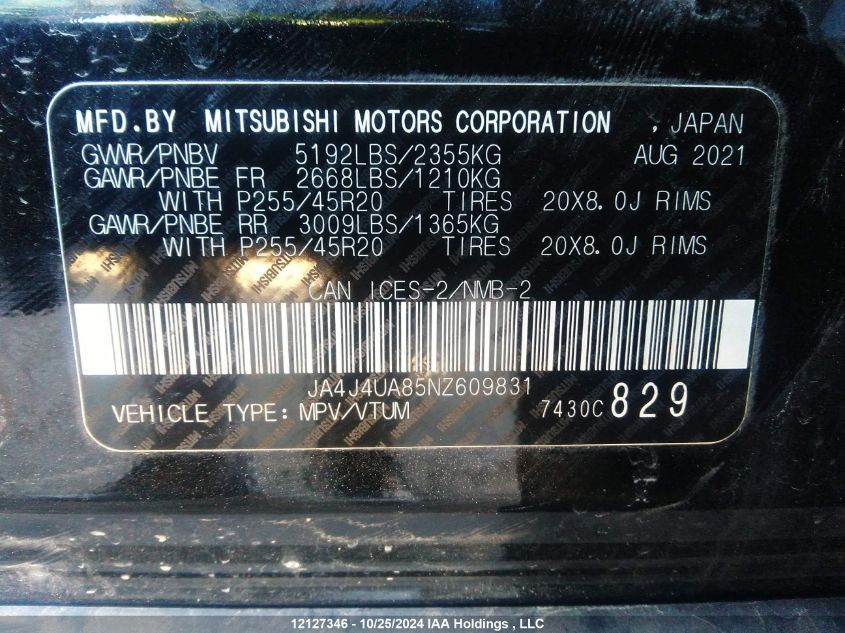 2022 Mitsubishi Outlander VIN: JA4J4UA85NZ609831 Lot: 12127346