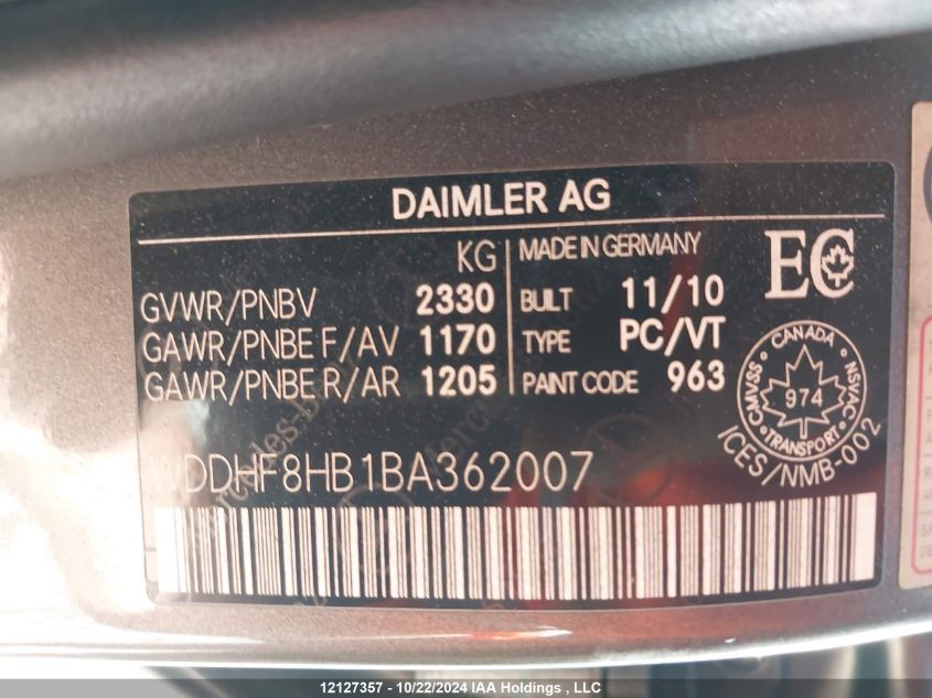 2011 Mercedes-Benz E-Class VIN: WDDHF8HB1BA362007 Lot: 12127357