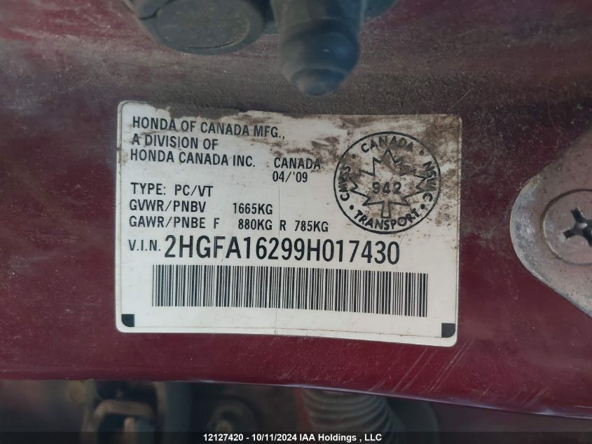 2009 Honda Civic Sdn VIN: 2HGFA16299H017430 Lot: 12127420