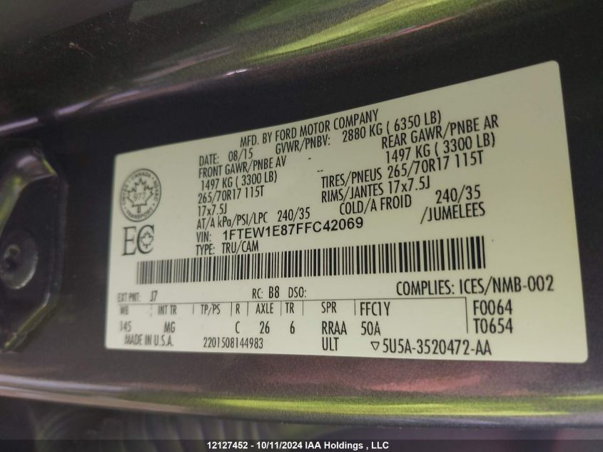 2015 Ford F-150 Xlt VIN: 1FTEW1E87FFC42069 Lot: 12127452